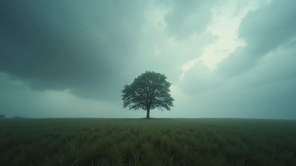 Eye-level view of a single tree standing strong in a stormy field