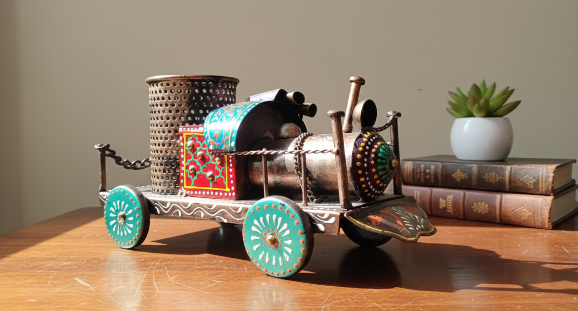 Handcrafted Metal Train Pen Stand / Antique Rail Engine Showpiece