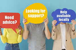 photo of three people holding speech bubbles 'Need advice?', 'looking for support?', 'help available locally'