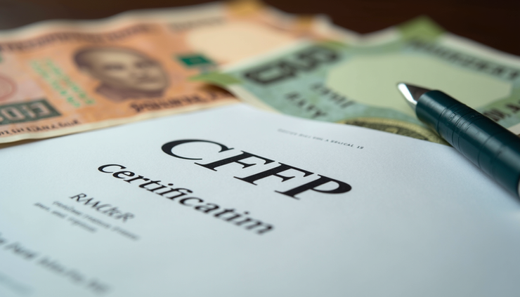Close-up of a CFP certification certificate with Indian currency notes in the background