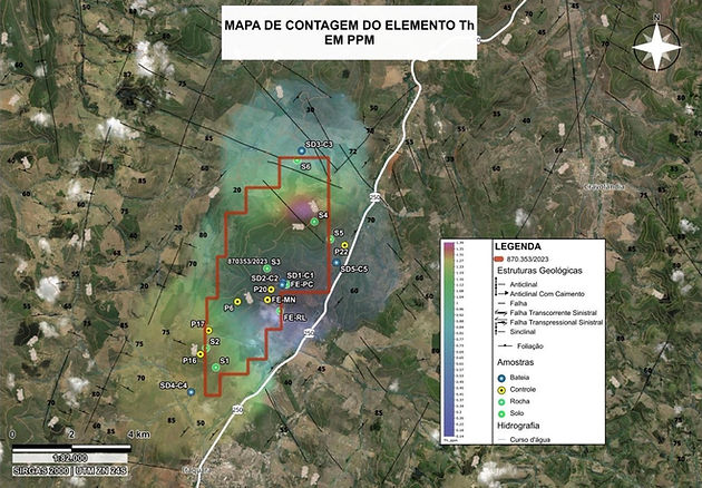 Mapa de distribuição de teores totais de Óxidos Magnéticos Leves de Elementos Terras Raras (mREO)