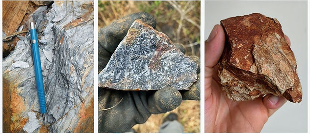 Photo 5. From left to right: Large phyllite cobble, quartzite cobble, and chlorite–quartz–schist cobble