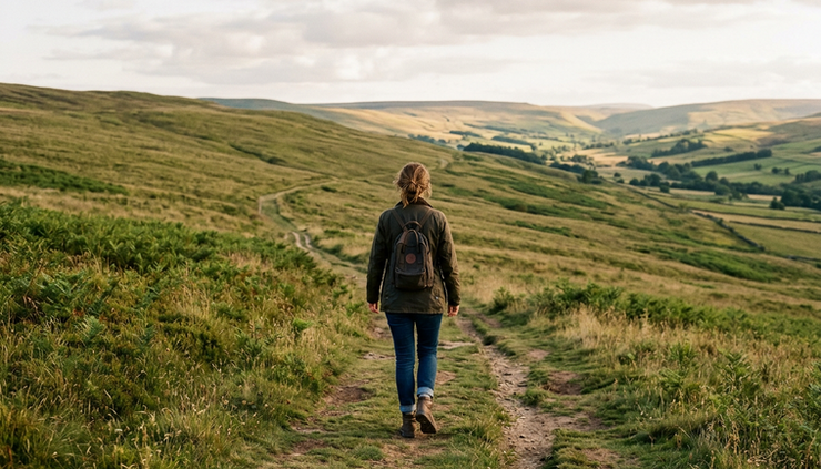 Wide-angle view of a single person walking across an open grassy hill.