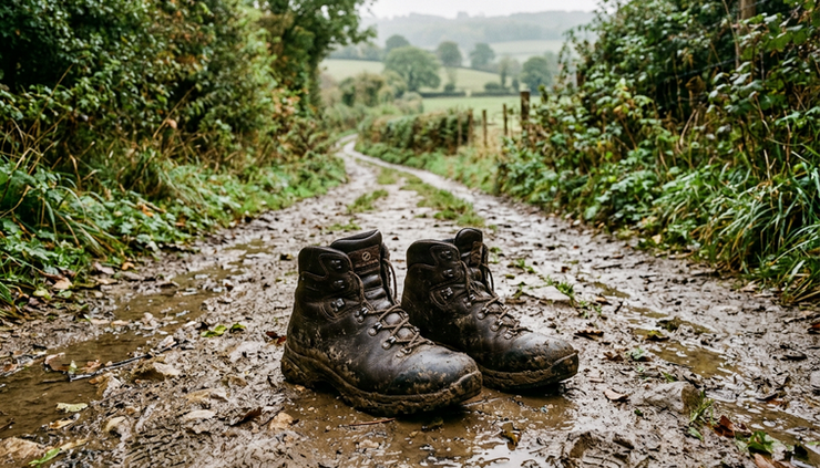 Wide-angle view of muddy walking boots on a quiet country path.