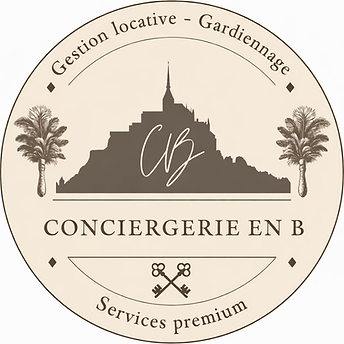 Logo circulaire de la Conciergerie en B avec le Mont St Michel au centre, des plumeaux en forme de palmiers et des clés