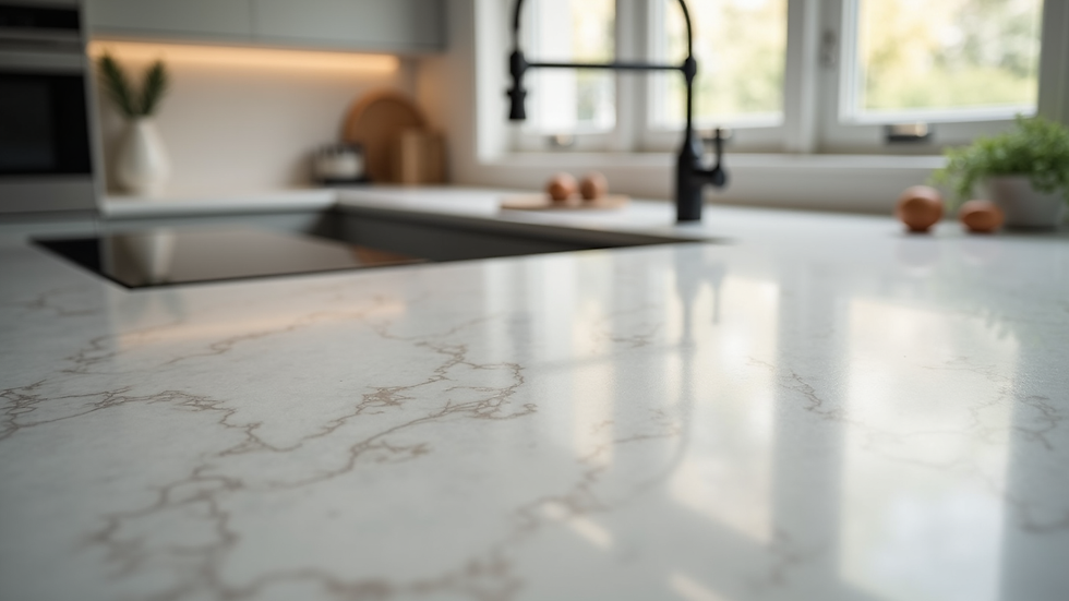 Close-up view of a marble kitchen worktop with polished finish