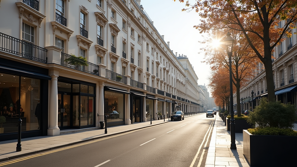 Wide angle view of luxury residential street in Mayfair