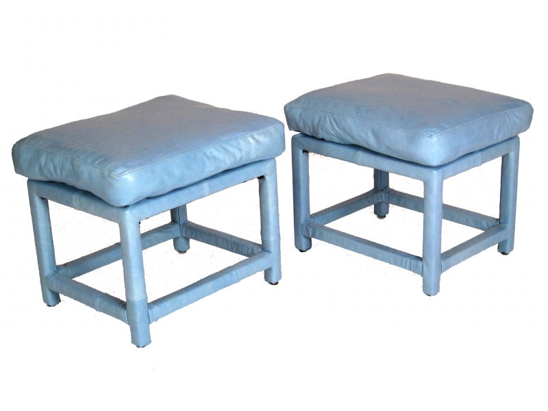 Thumbnail: Pair of Milo Baughman Baby Blue Leather Stools