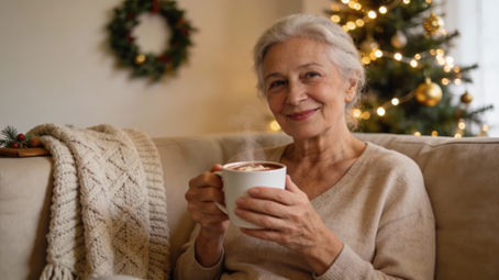 Elderly woman sitting comfortably in a cozy living room at Christmas, smiling while holding a warm mug with a softly lit Christmas tree in the background.