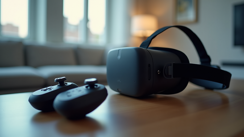 Close-up view of a VR headset and controllers on a table