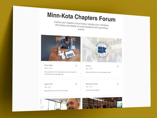 Screenshot of an online community hub for Phi Theta Kappa by Matt Cici of A Creative, featuring forums, blogs, and event management for students and teachers across multiple states.