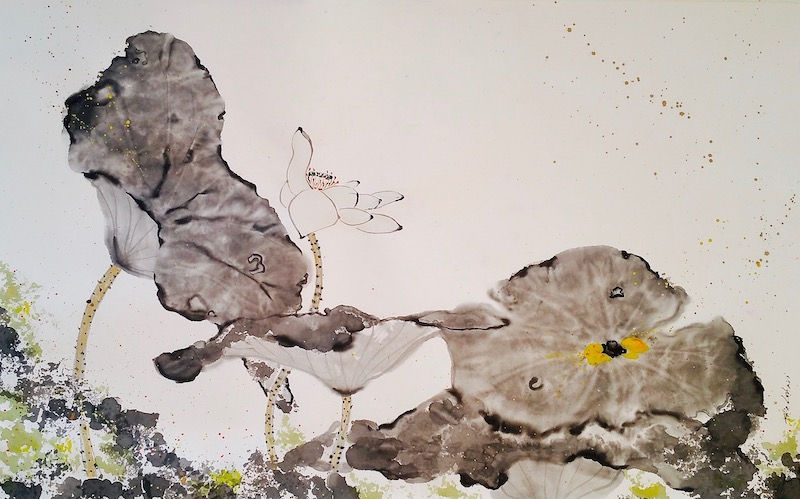 Willing Heart - Lotus painting by Talia Lehavi - Sumi ink and natural pigments on paper painting of monochrome open lotus