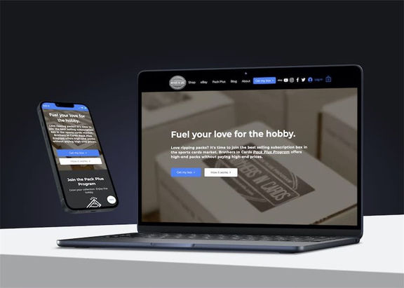 Screenshot of the Brothers In Cards eCommerce website, designed by Matt Cici of A Creative, showcasing a clean, user-friendly layout focused on sports card subscription boxes, with bold visuals and prominent call-to-action buttons that highlight its position as the #1 sold subscription box in the U.S.