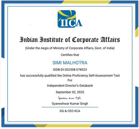 Certified Independent Director from IICA- Ministry of Corporate Affairs, Govt. of India
