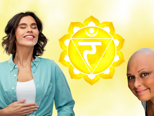 happy woman with solar plexus chakra symbol