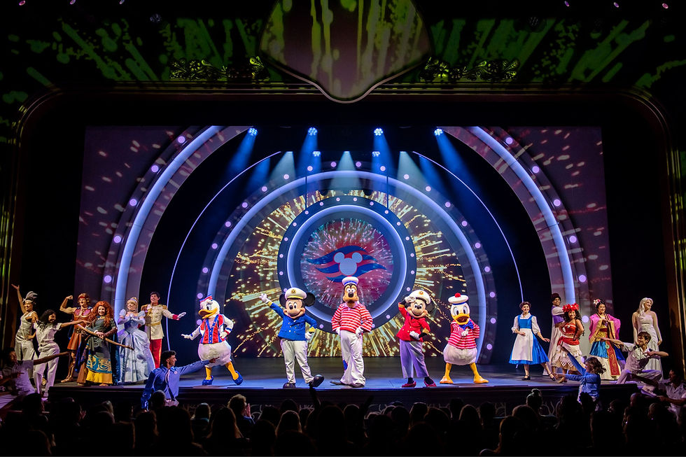 Disney Wish stage show with Mickey, Minnie, Goofy, princesses