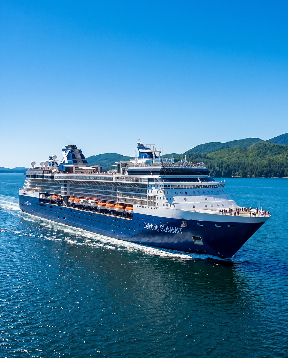 Celebrity Cruises ship sailing past lush green mountains.