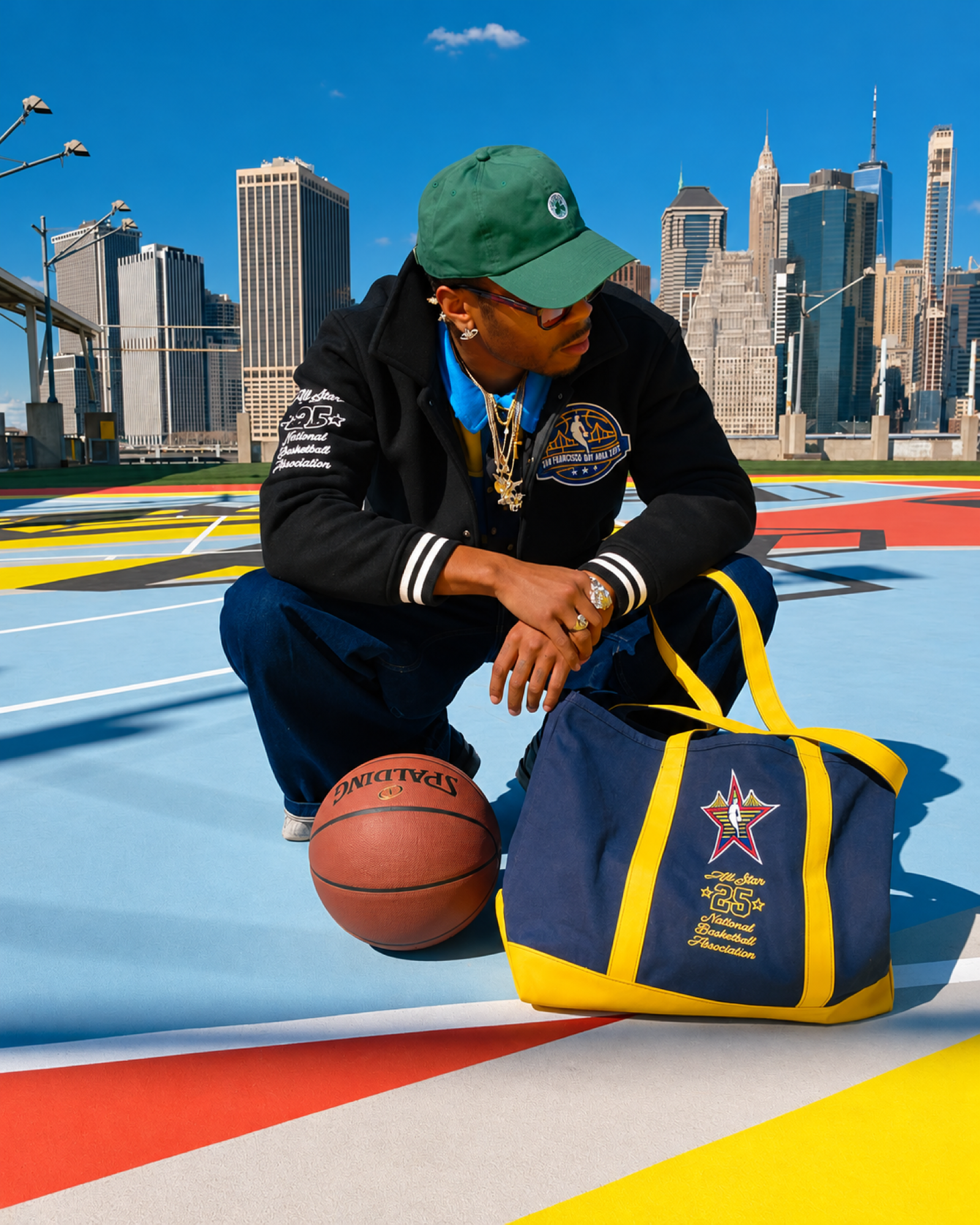 Gap NBA All-Star apparel and bag on a New York basketball court