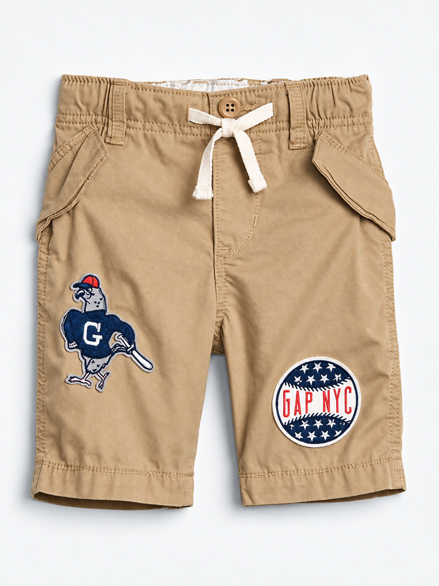 Gap Kids baseball graphics on khaki shorts