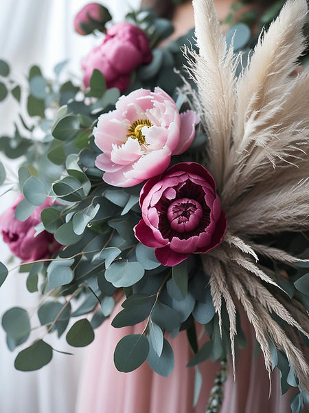 Bouquet de fleurs séchées dans des tons roses et naturels, posé en décor de cérémonie.
