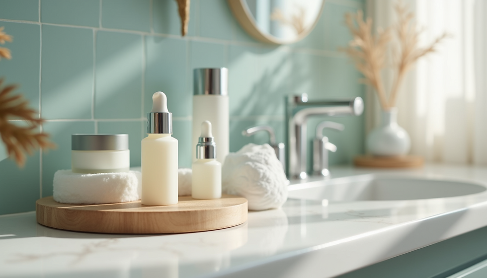 Skincare bottles on a wooden tray by a sink in a sunlit bathroom with mint tiles. Neutral tones create a calm, serene atmosphere.