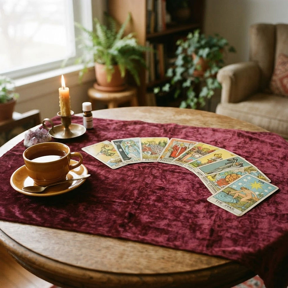 tarot cards placed on a round table in curved spread manner with the last one being The St