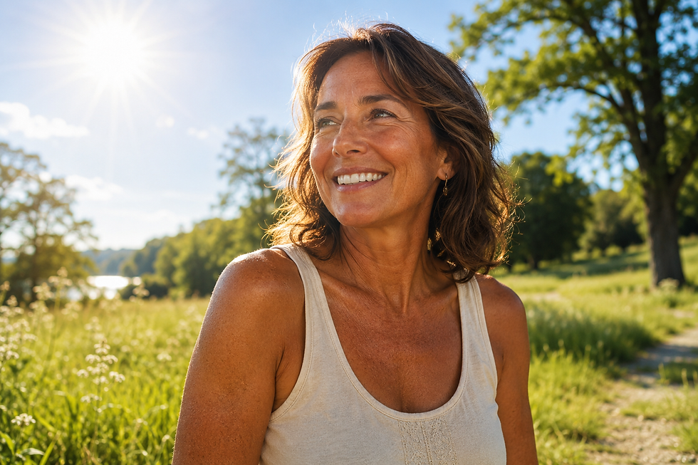 Smiling woman in a beige tank top stands in a sunny meadow with trees and blue sky, looking off to the side.