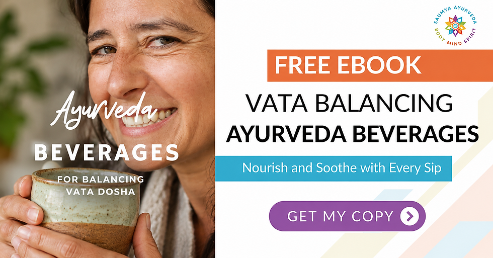 Smiling woman holds mug beside ad for free Ayurveda ebook on vata balancing beverages, with Get My Copy button.