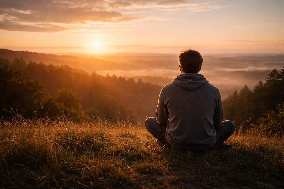 Man in a gray hoodie sits cross-legged on a grassy hill, watching a golden sunrise over misty forested valleys.