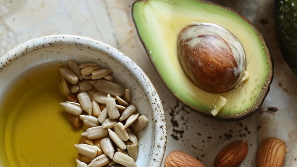 Bowl of golden oil with sunflower seeds beside a halved avocado and almonds on a speckled tray.
