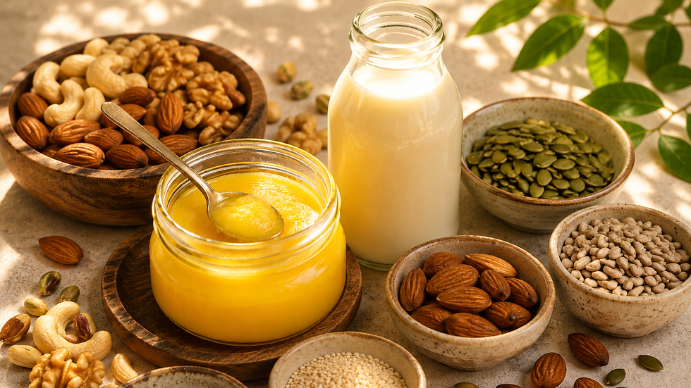 Jars and bowls of nuts, seeds, and golden spread with spoon beside a milk bottle on a sunny rustic table with green leaves