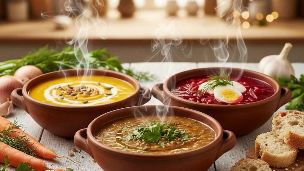 Three steaming bowls of colorful soup on a rustic table, garnished with herbs and eggs, with bread, carrots, and garlic nearby.