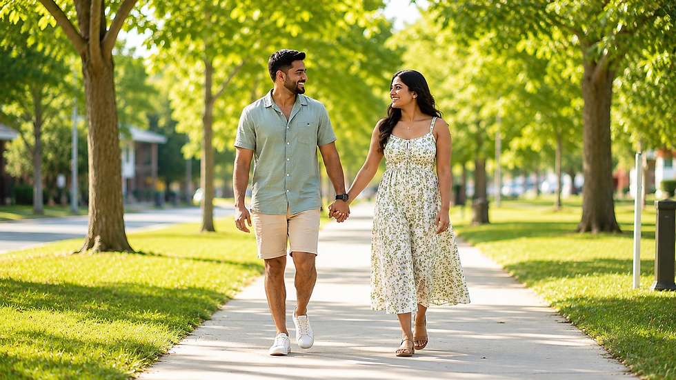 Smiling couple holding hands walking on a sunny, tree-lined sidewalk in a green neighborhood.