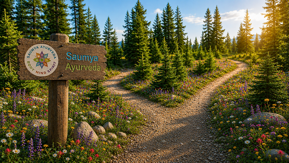 Wooden sign reading "Saumya Ayurveda" on a forest path with vibrant wildflowers, pine trees, and warm sunlight creating a peaceful scene.