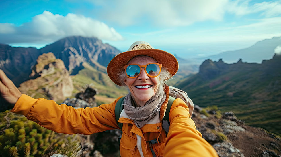 Smiling woman in a hat and sunglasses takes a selfie in a mountainous landscape. She's wearing an orange jacket, and the sky is clear. Secure Image.