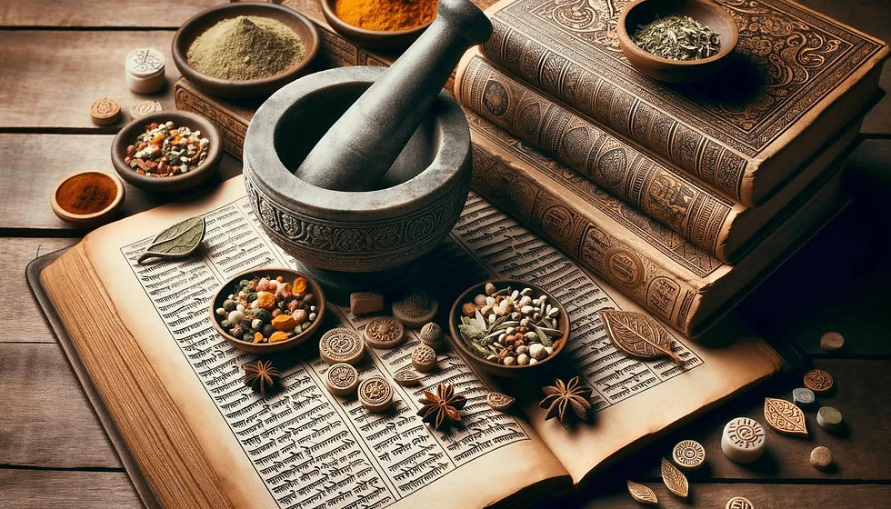 Vintage books, mortar and pestle on a wooden table with colorful spices and herbs. Open book with intricate text adds a historical vibe.
