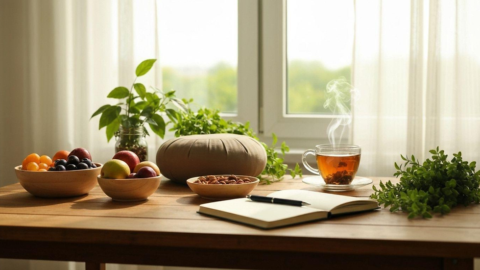 Sunlit table with bowls of fruit, steaming tea, an open notebook and plants by a window.