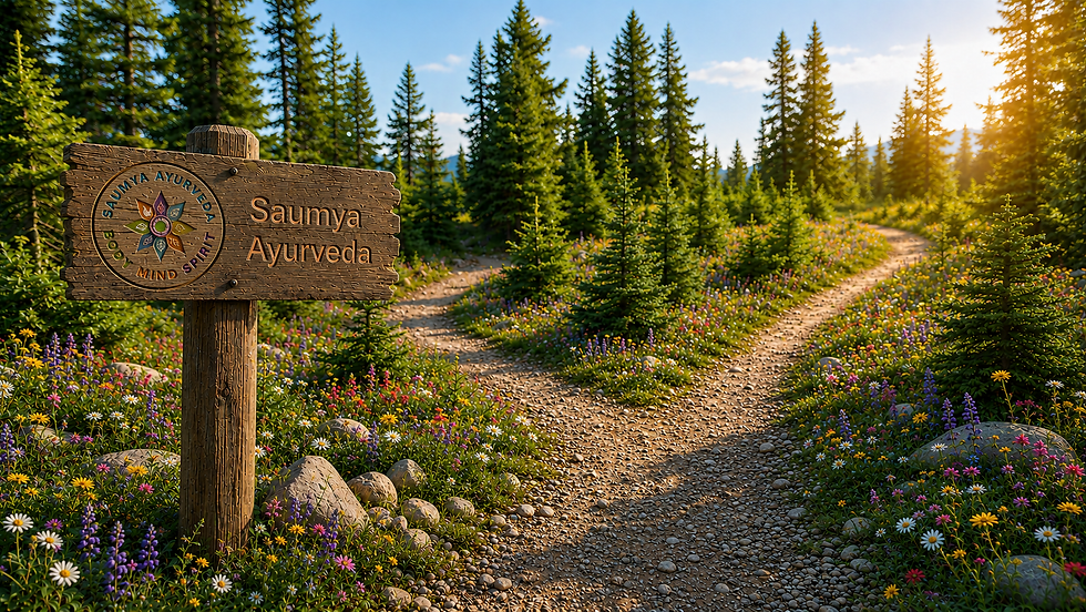 Wooden sign reading "Saumya Ayurveda" with a logo, set in a sunlit forest with a dirt path and evergreen trees. Peaceful morning vibe.