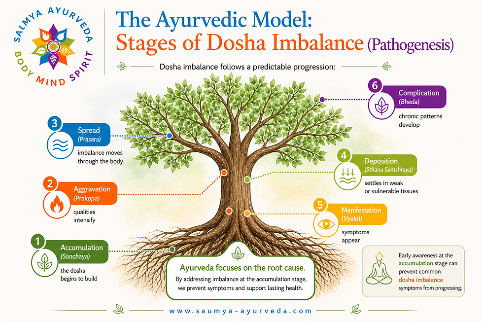 Ayurveda infographic of a tree showing 6 stages of dosha imbalance, with labeled steps, roots to leaves, and website text.