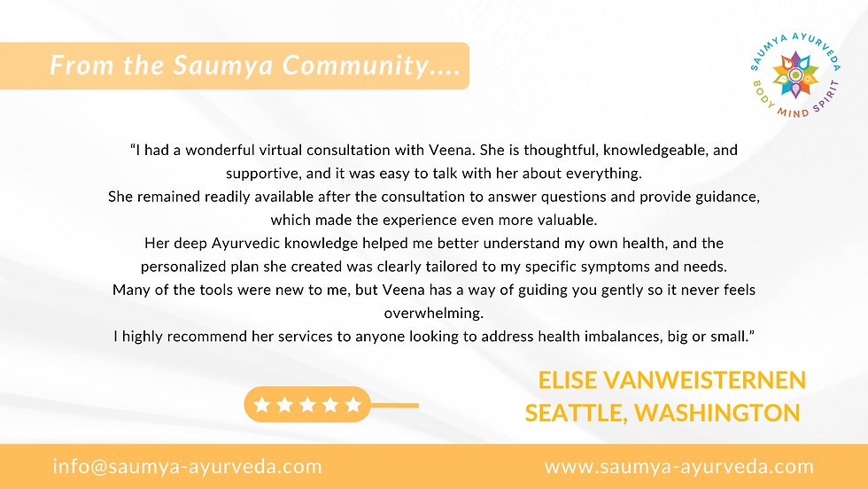 Ayurveda testimonial graphic with Saumya logo, 5 stars, and quote praising Veena; Elise Vanweisternen, Seattle, Washington.