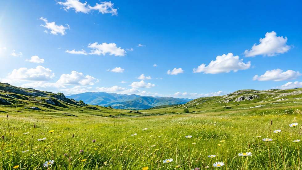 Expansive green meadow filled with wildflowers beneath a bright blue sky, with rolling hills and distant mountains creating a peaceful sense of openness, renewal, and vitality.