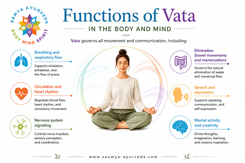 Infographic showing functions of Vata in the body and mind, including breathing, circulation, nervous system signaling, elimination, speech, and creativity in Ayurveda.