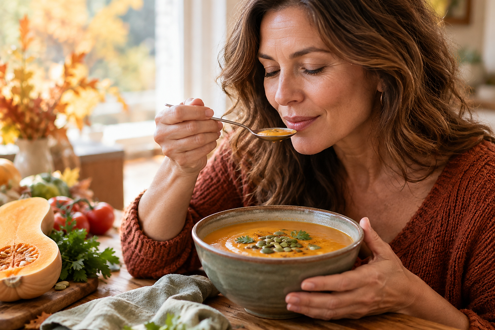 Woman in a rust sweater tastes pumpkin soup at a cozy autumn table with squash, tomatoes, and herbs nearby.