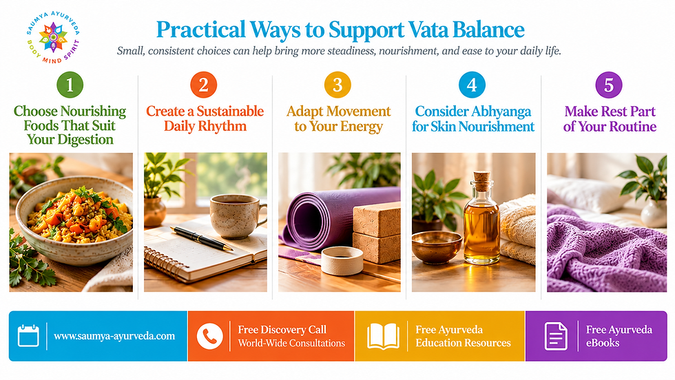 Infographic titled Practical Ways to Support Vata Balance, showing five tips with food, yoga mat, oil massage, and restful bed scenes