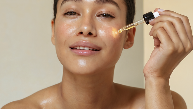 Woman applying Ayurveda oil to her cheek with a dropper, smiling slightly. Close-up with smooth, radiant skin in warm lighting.