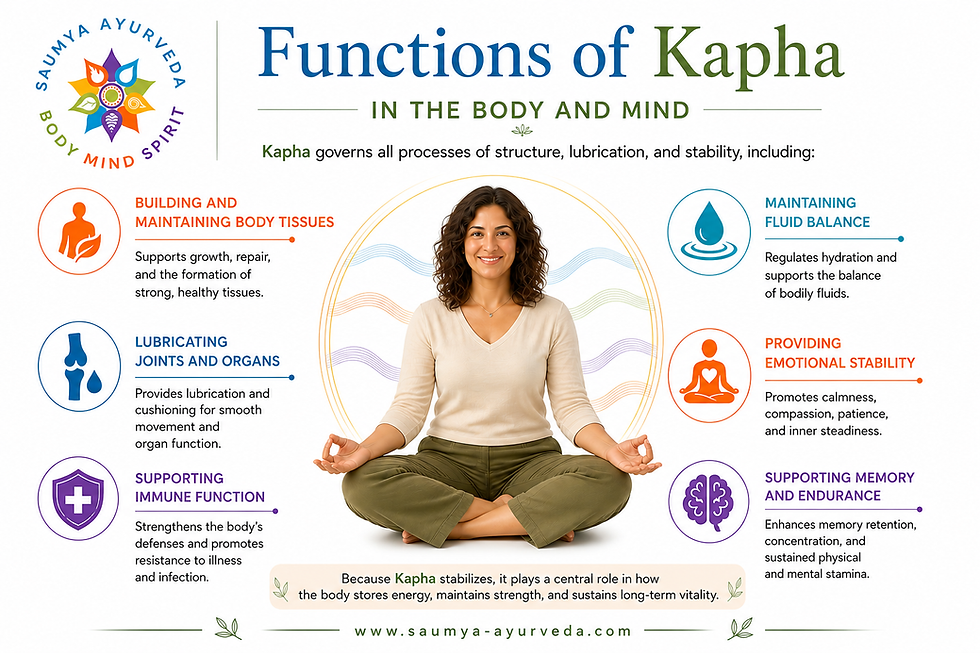 Infographic titled Functions of Kapha shows a smiling woman meditating cross-legged, with icons for balance, immunity, and memory.
