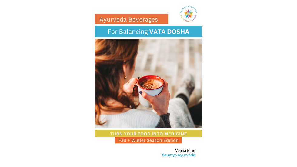 Person holding a red-rimmed cup, sitting on a patterned blanket. Text: Ayurveda Beverages for Balancing Vata Dosha, Fall + Winter Edition.