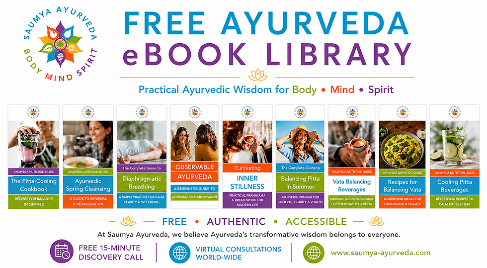 Saumya Ayurveda ebook library poster with colorful health icons and free guide covers for digestion, breathing, meditation, and balance