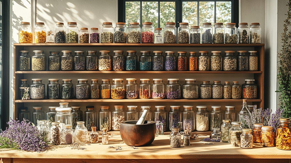 Sunlit apothecary shelves lined with glass jars of dried herbs and flowers, with a mortar and pestle on a wooden table.