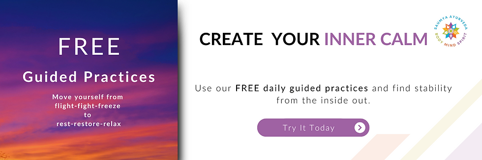 Free guided practices ad with purple sunset sky. Text promotes daily practices for calmness. Logo features colorful mandala design.